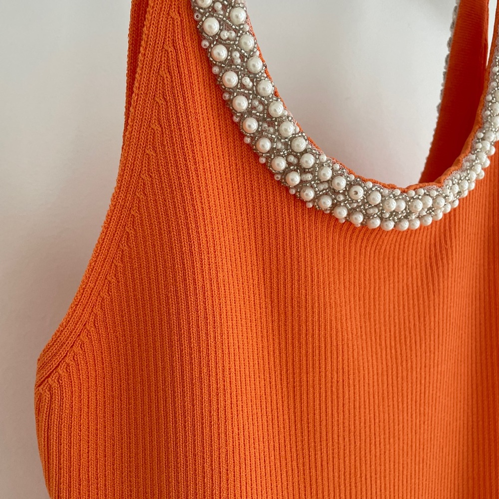 Endless Rose orange ribbed dress with pearl trim neckline - size M